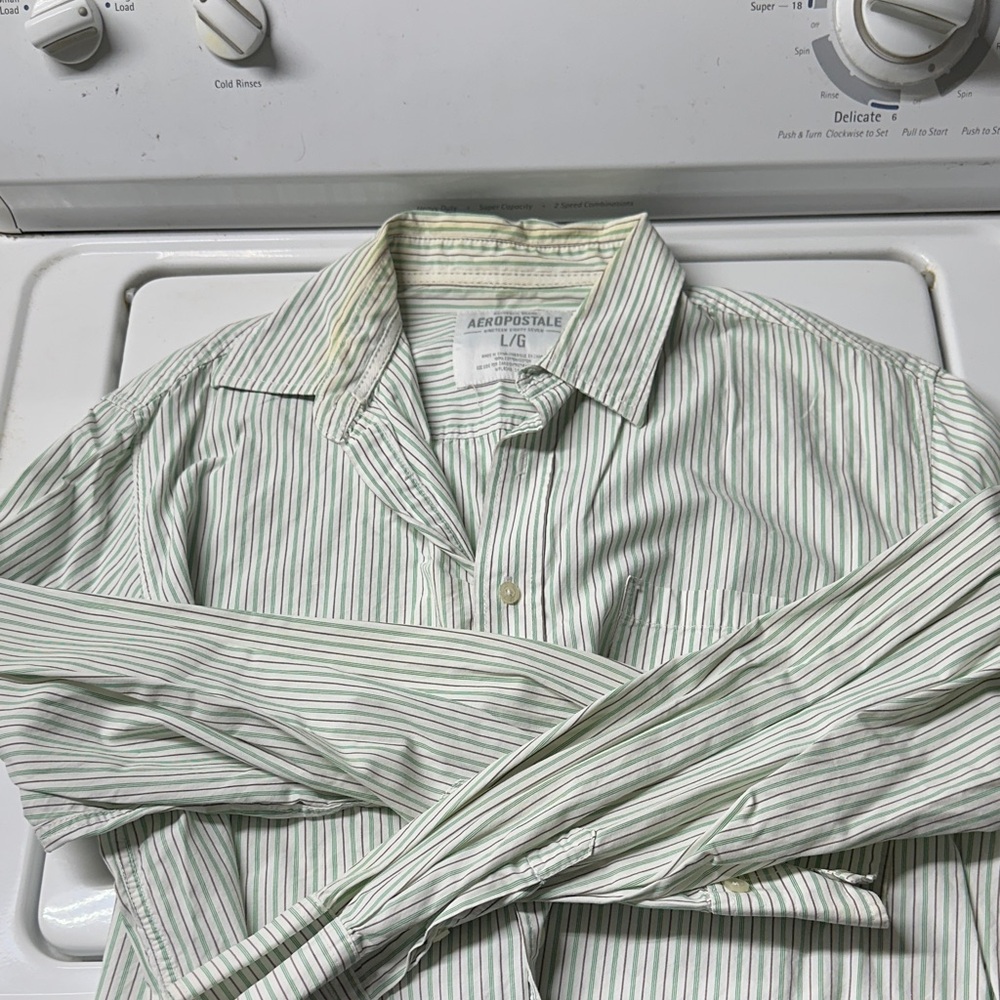 Aeropostale Men's White and Green Striped Shirt